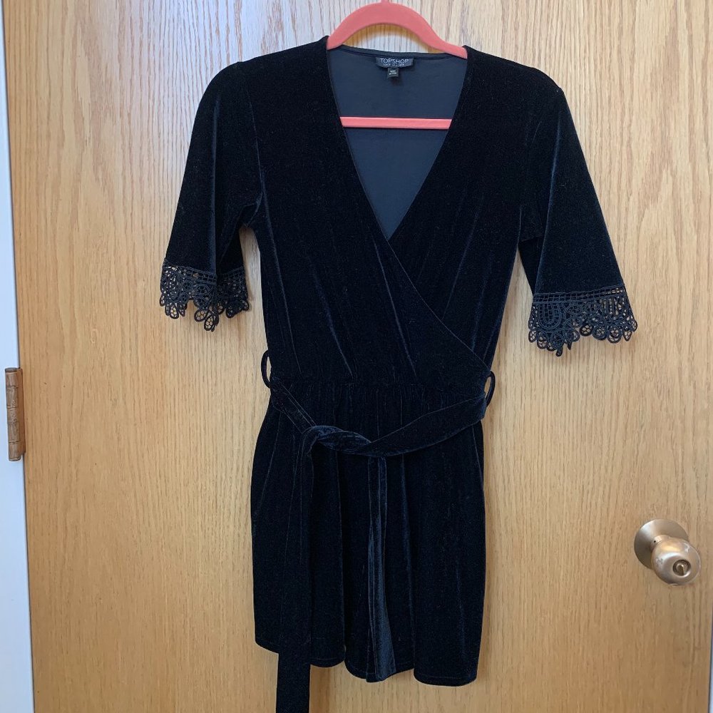 Topshop Black Velvet and Lace Romper/Wrap Playsuit